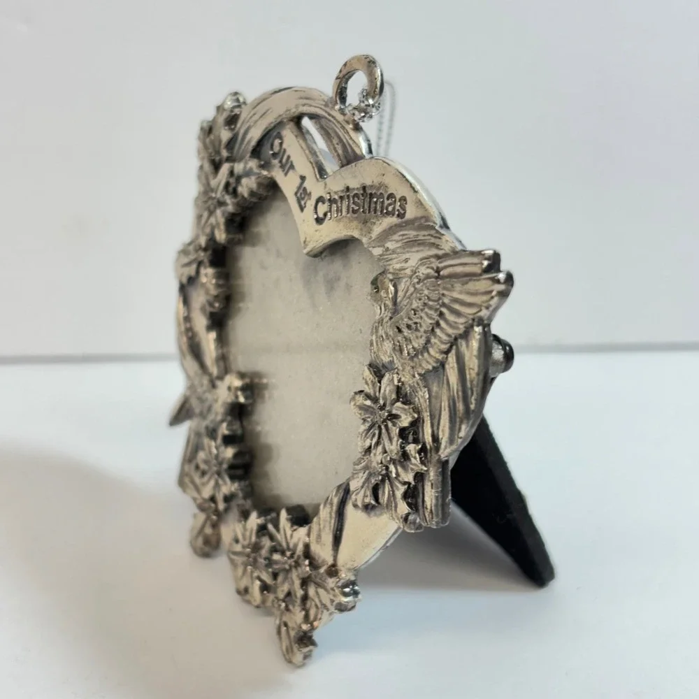 Vintage Pewter Christmas Ornament Our 1st Heart Photo Frame